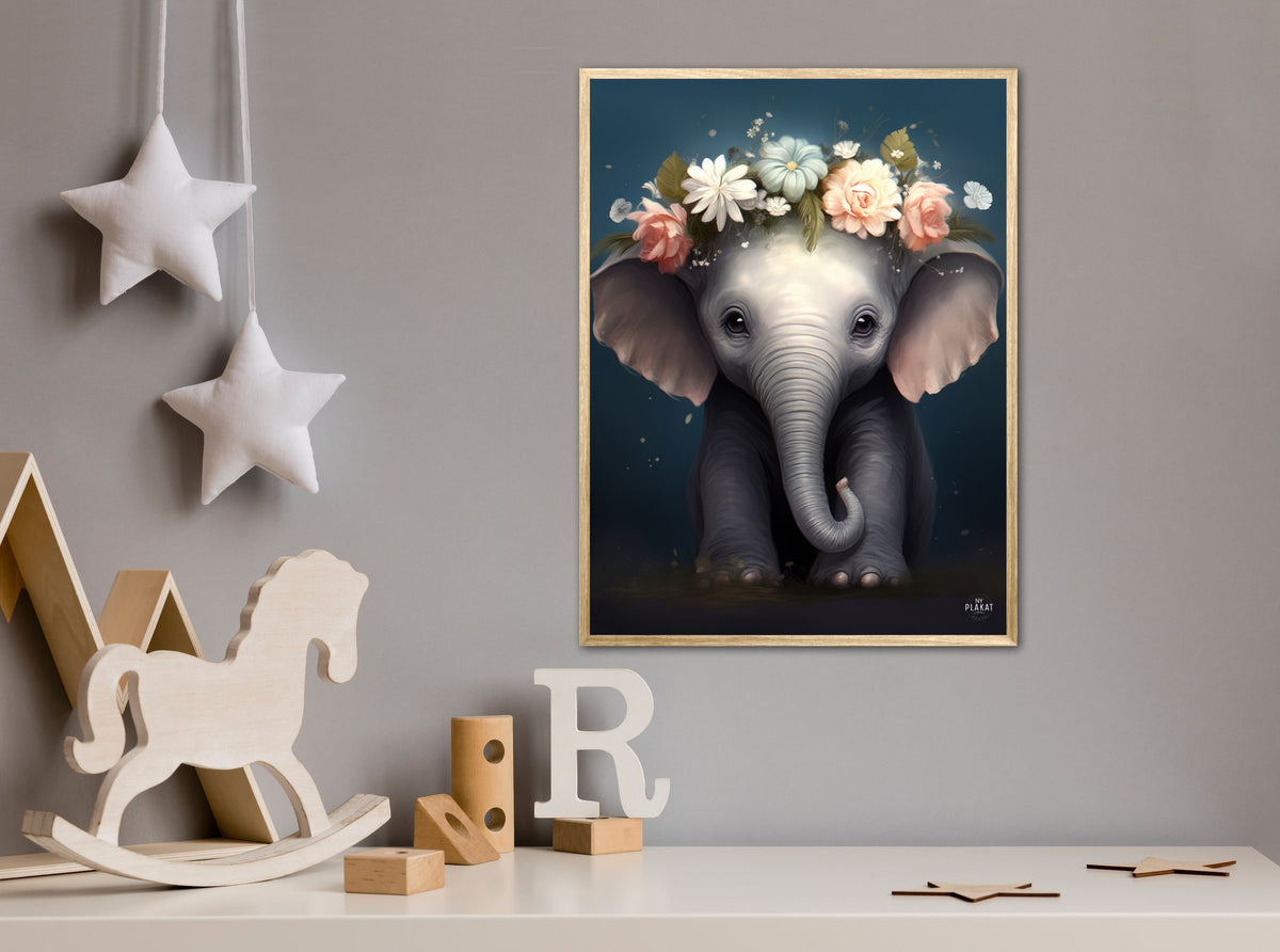 Elefant med blomsterkrans - Børneplakat