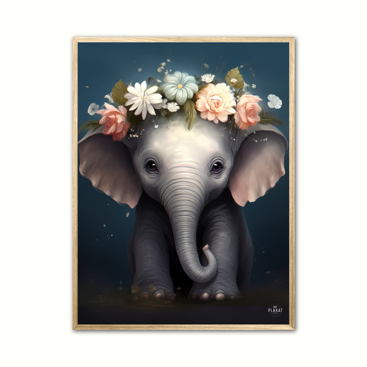 Elefant med blomsterkrans - Børneplakat