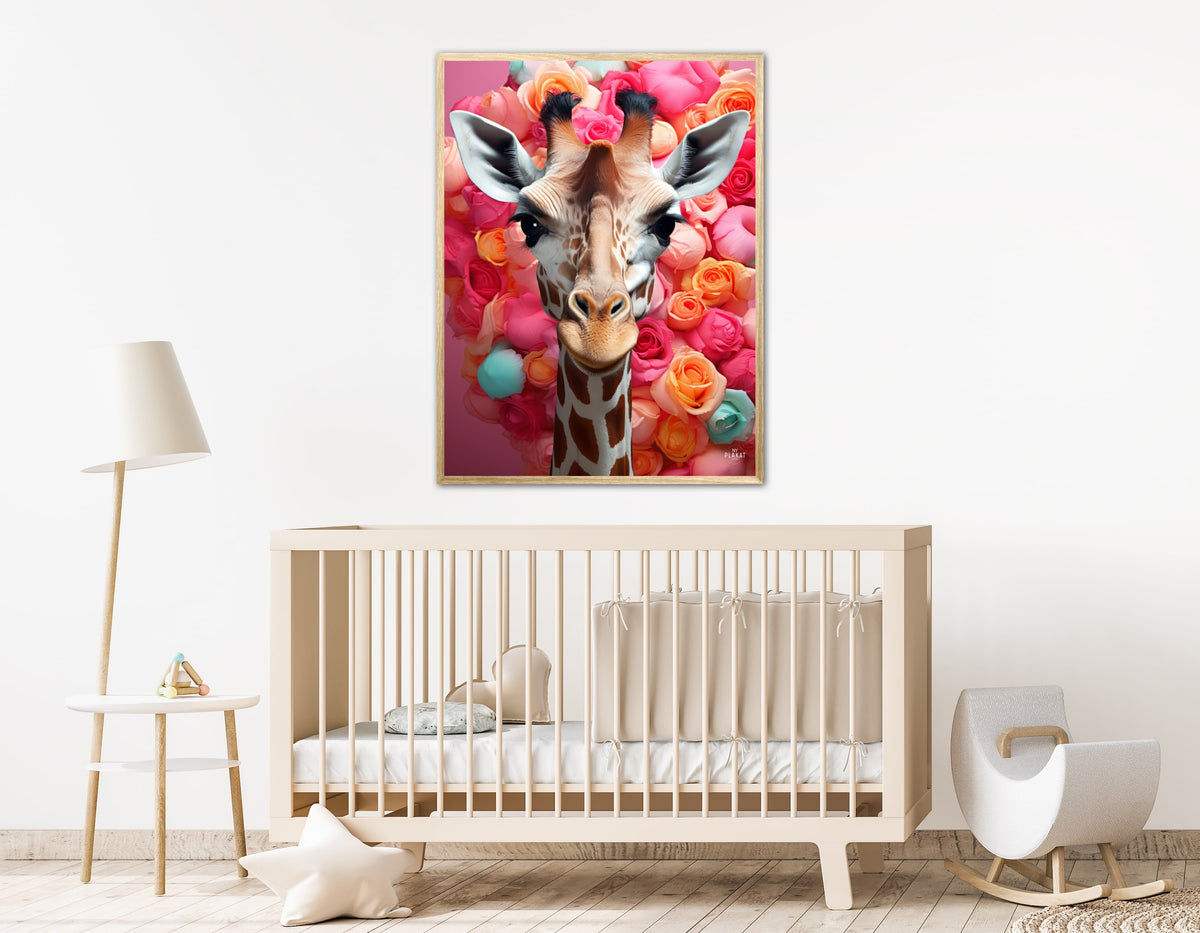 Giraffens Farverige Blomsterrejse - Giraf Plakat 23