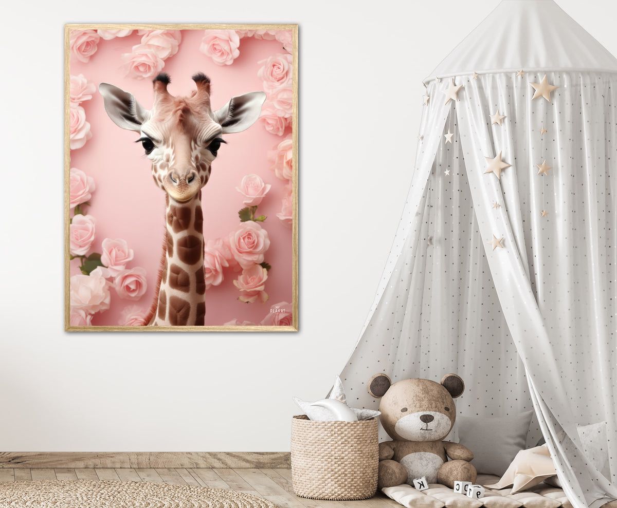 Giraffens Pink Blomstermagi - Giraf Plakat 29